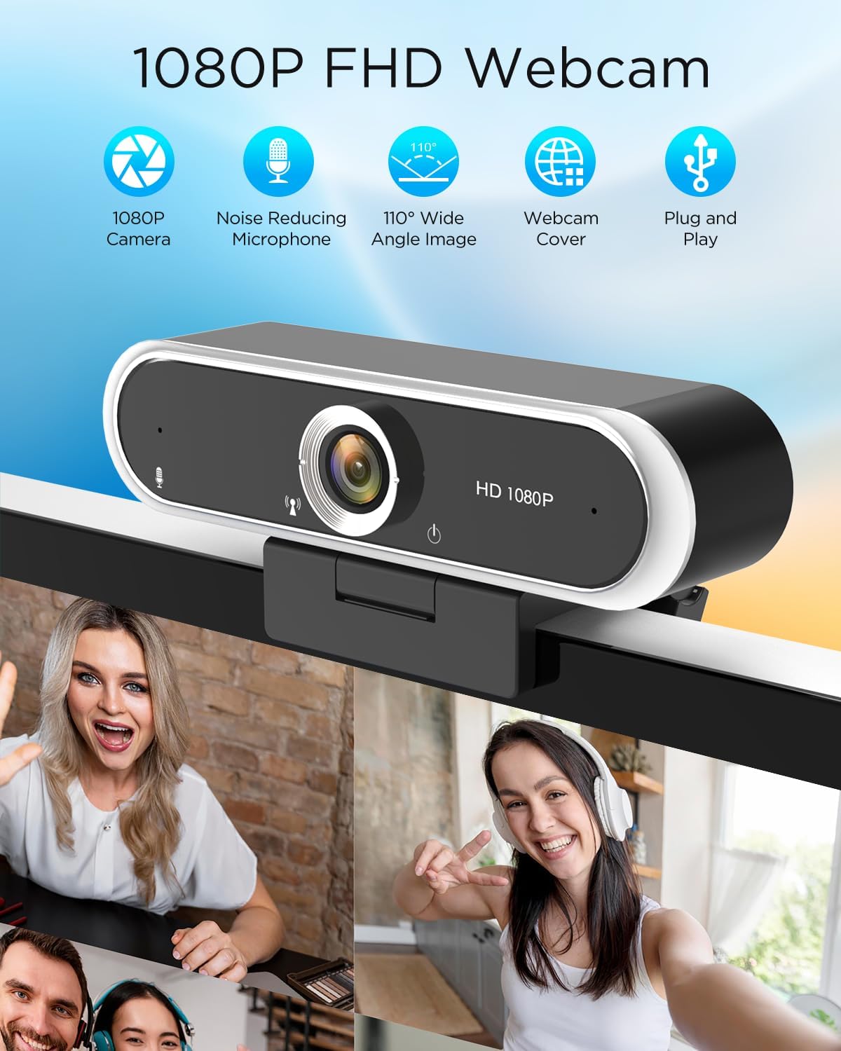 NIVEOLI product illustration showing the webcam mounted on a monitor for video calls