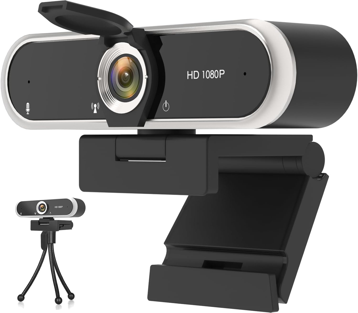 NIVEOLI black USB webcam with built-in microphone, privacy cover and monitor clip